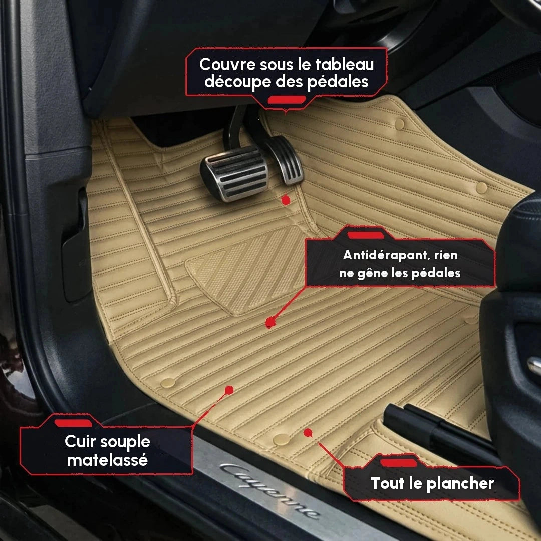 Gros plan d'un tapis d'auto Matrikar série Ribbed en beige crème, montrant la couverture sous le tableau de bord, la découpe des pédales et la surface antidérapante