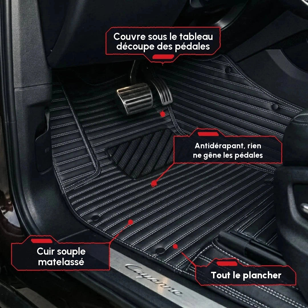 Gros plan d'un tapis d'auto Matrikar série Ribbed en noir et blanc, montrant la couverture sous le tableau de bord, la découpe des pédales et la surface antidérapante