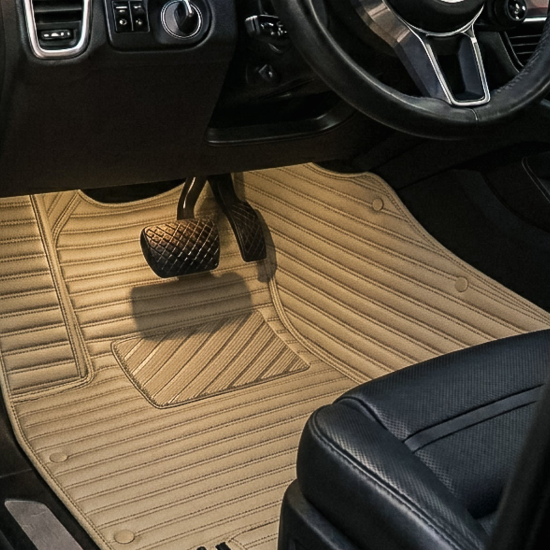 Matrikar Ribbed Series custom fit car mat in Cream Beige, installed in a driver footwell
