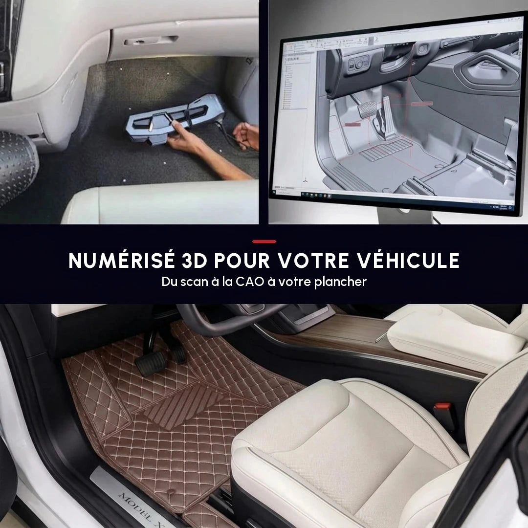 Tapis d'auto sur mesure Matrikar série Diamond en brun chocolat, avec la numérisation 3D et le modèle CAO qui servent à l'ajuster au véhicule exact