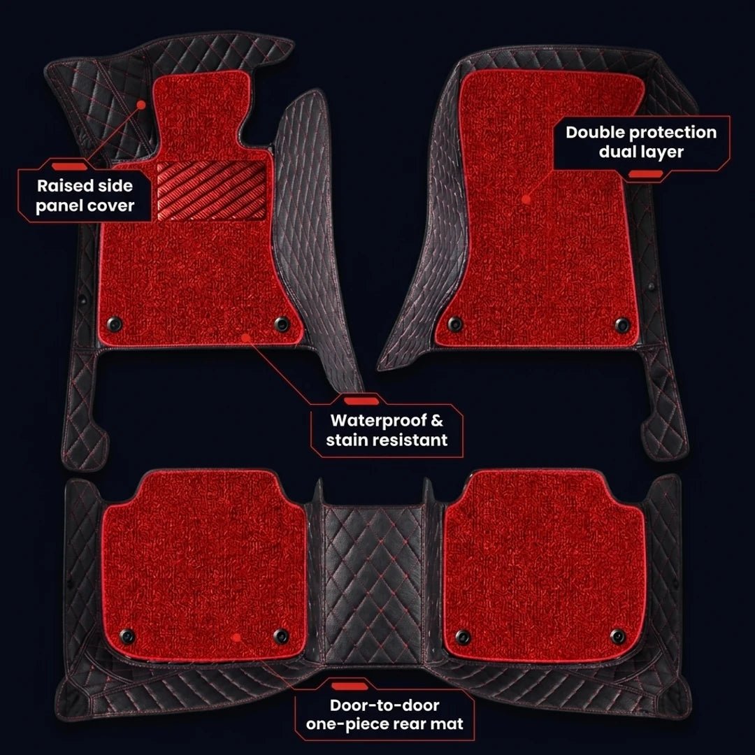 Dual-Layer Series Custom Fit Car Mats - Black & Red Stitching & Red Top Carpet