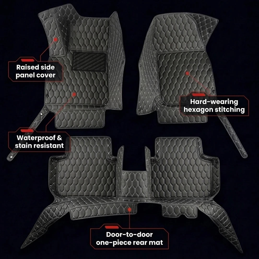 Hexa Series Custom Fit Car Mats - Black & White Stitching