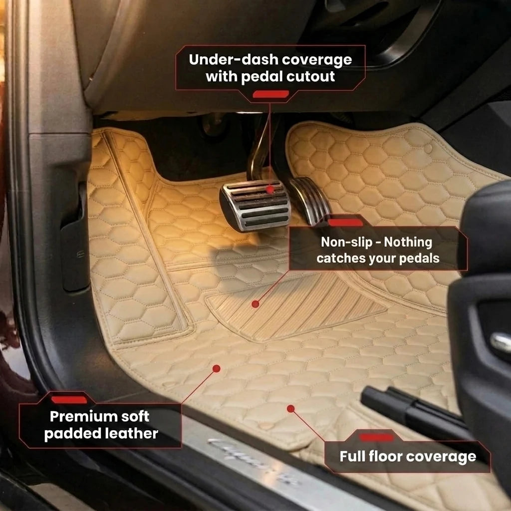 Close-up of a Matrikar Hexa Series car mat in Cream Beige showing under-dash coverage, the pedal cutout and the non-slip surface