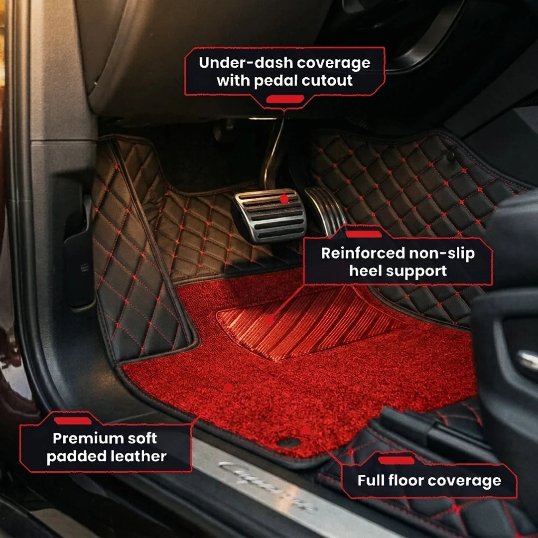 Tapis d'auto sur mesure série Dual-Layer - noir, coutures rouges et dessus en tapis rouge