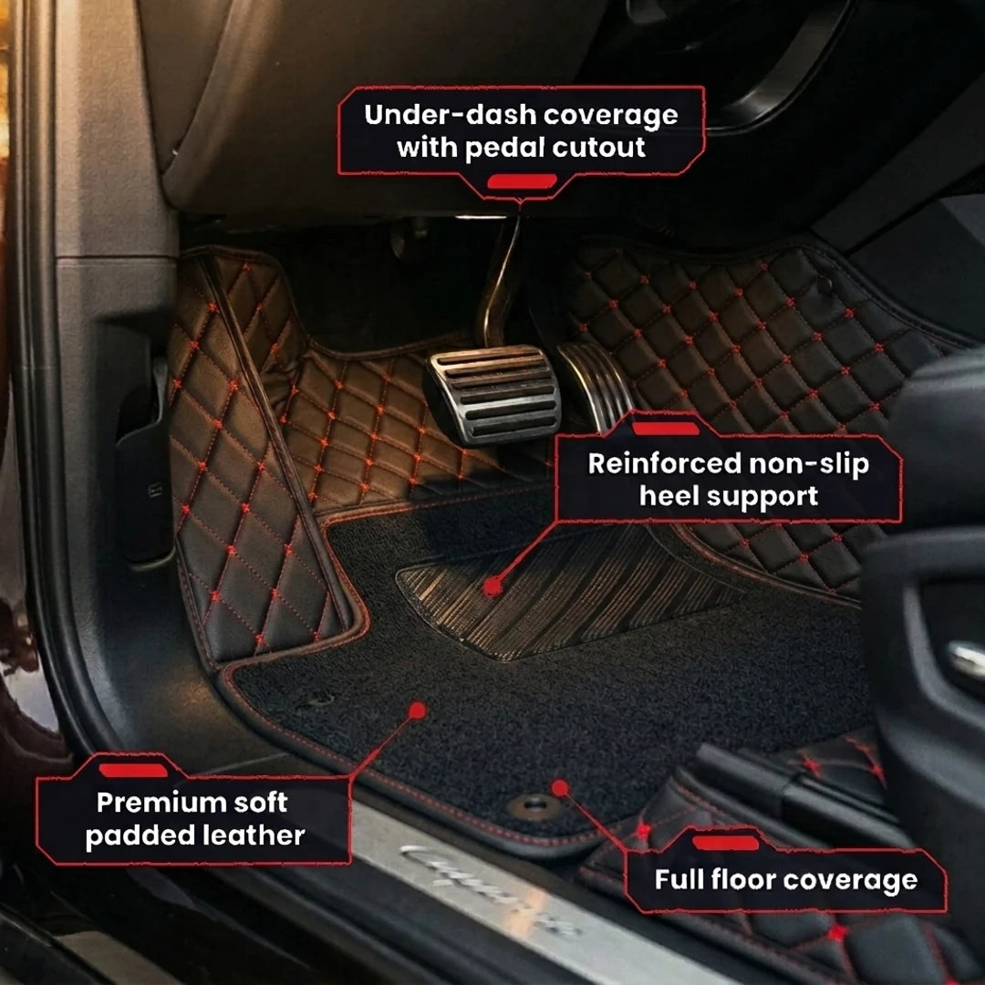 Tapis d'auto sur mesure série Dual-Layer - noir, coutures rouges et dessus en tapis noir