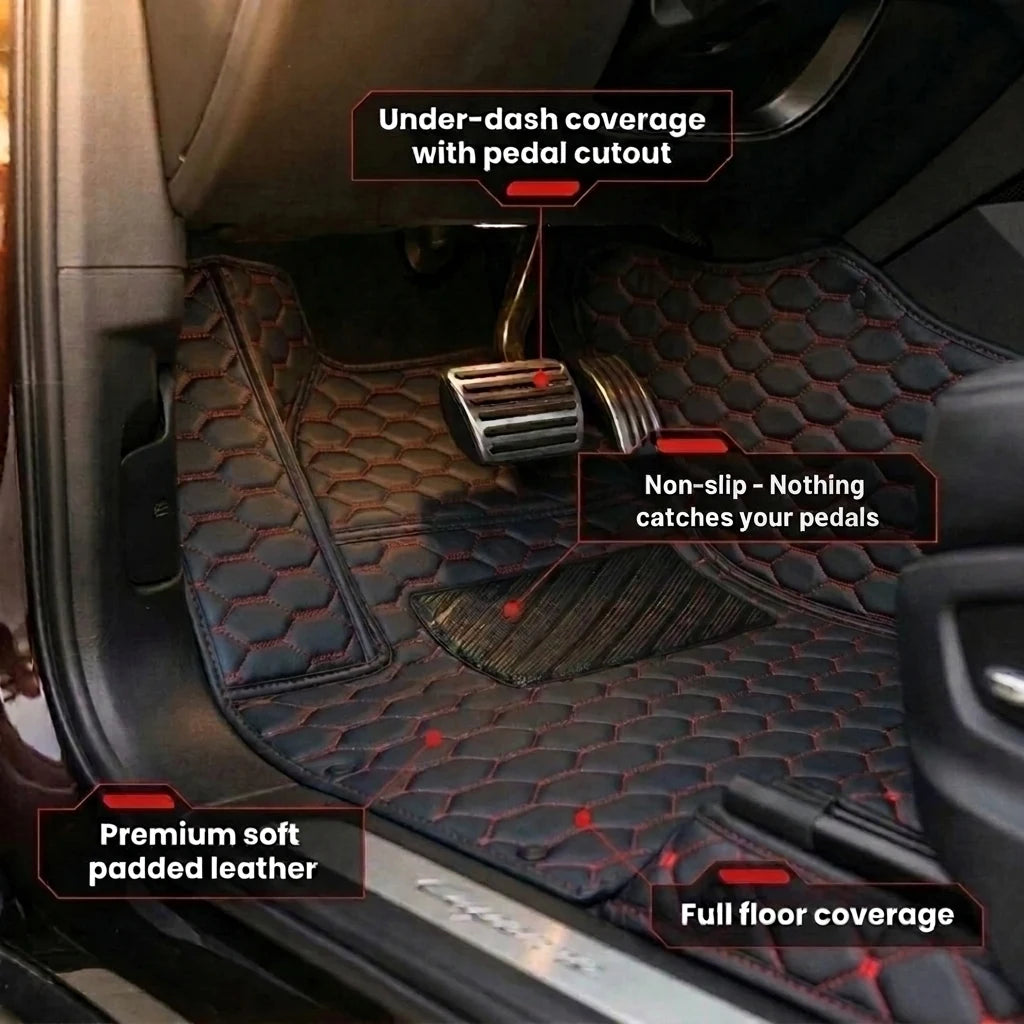 Close-up of a Matrikar Hexa Series car mat in Black with Red Stitching showing under-dash coverage, the pedal cutout and the non-slip surface
