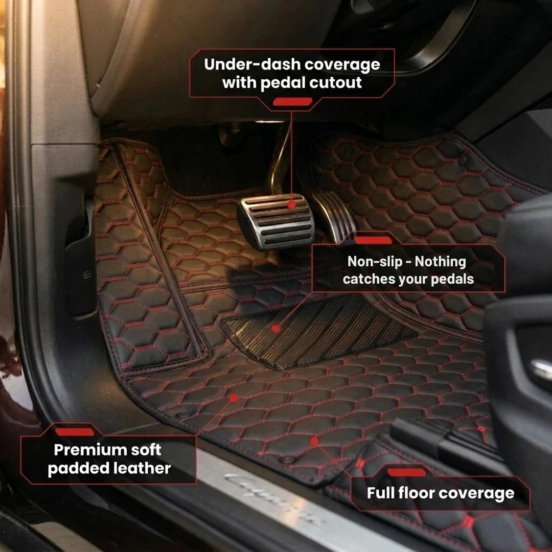 Tapis d'auto sur mesure série Hexa - Surpiqûres noir et rouge