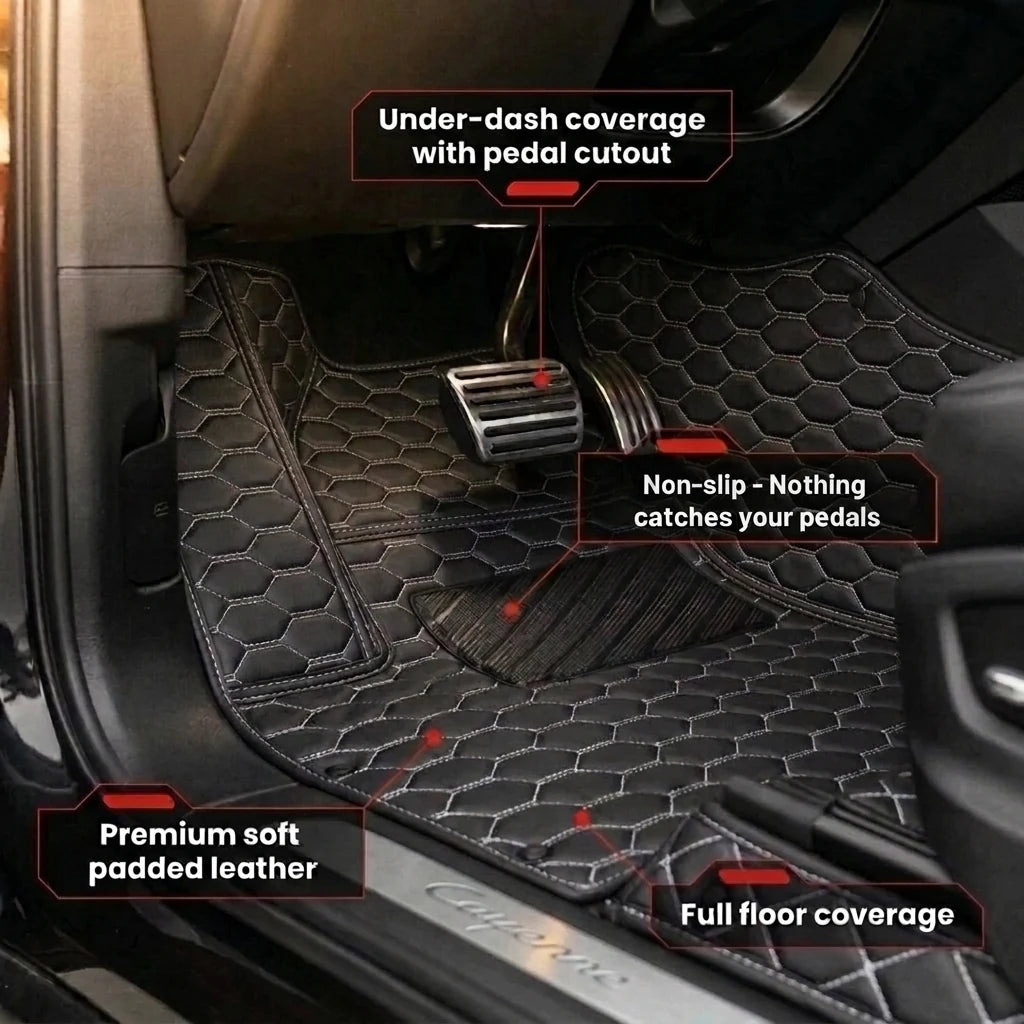 Close-up of a Matrikar Hexa Series car mat in Black with White Stitching showing under-dash coverage, the pedal cutout and the non-slip surface