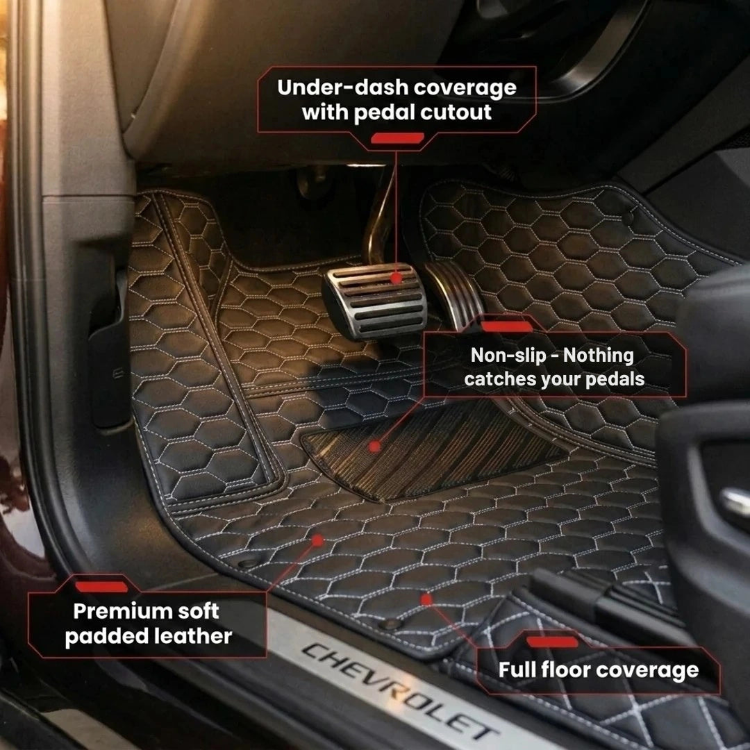 Tapis d'auto sur mesure série Hexa - Surpiqûres noir et blanc
