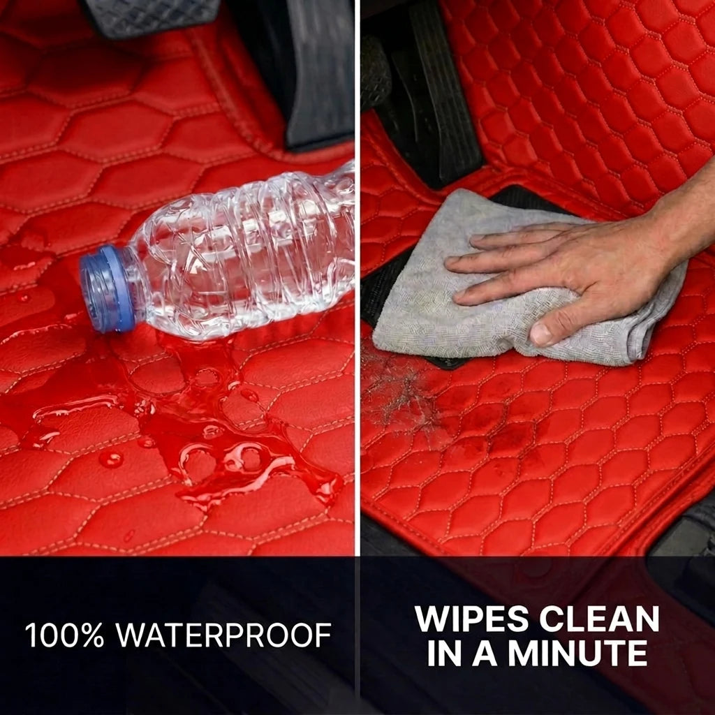 Matrikar Hexa Series car mat in Ferrari Red repelling spilled water and wiping clean with a cloth