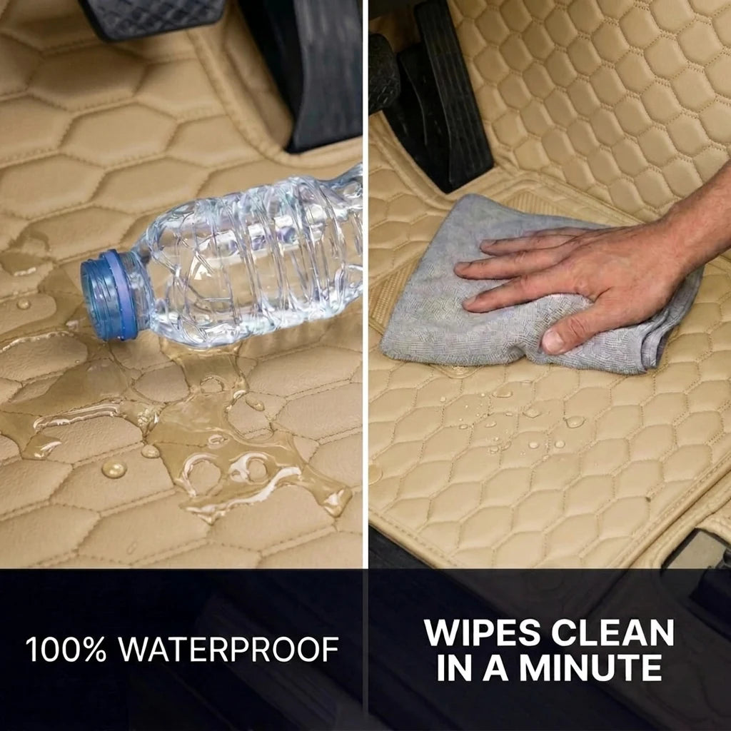 Matrikar Hexa Series car mat in Cream Beige repelling spilled water and wiping clean with a cloth