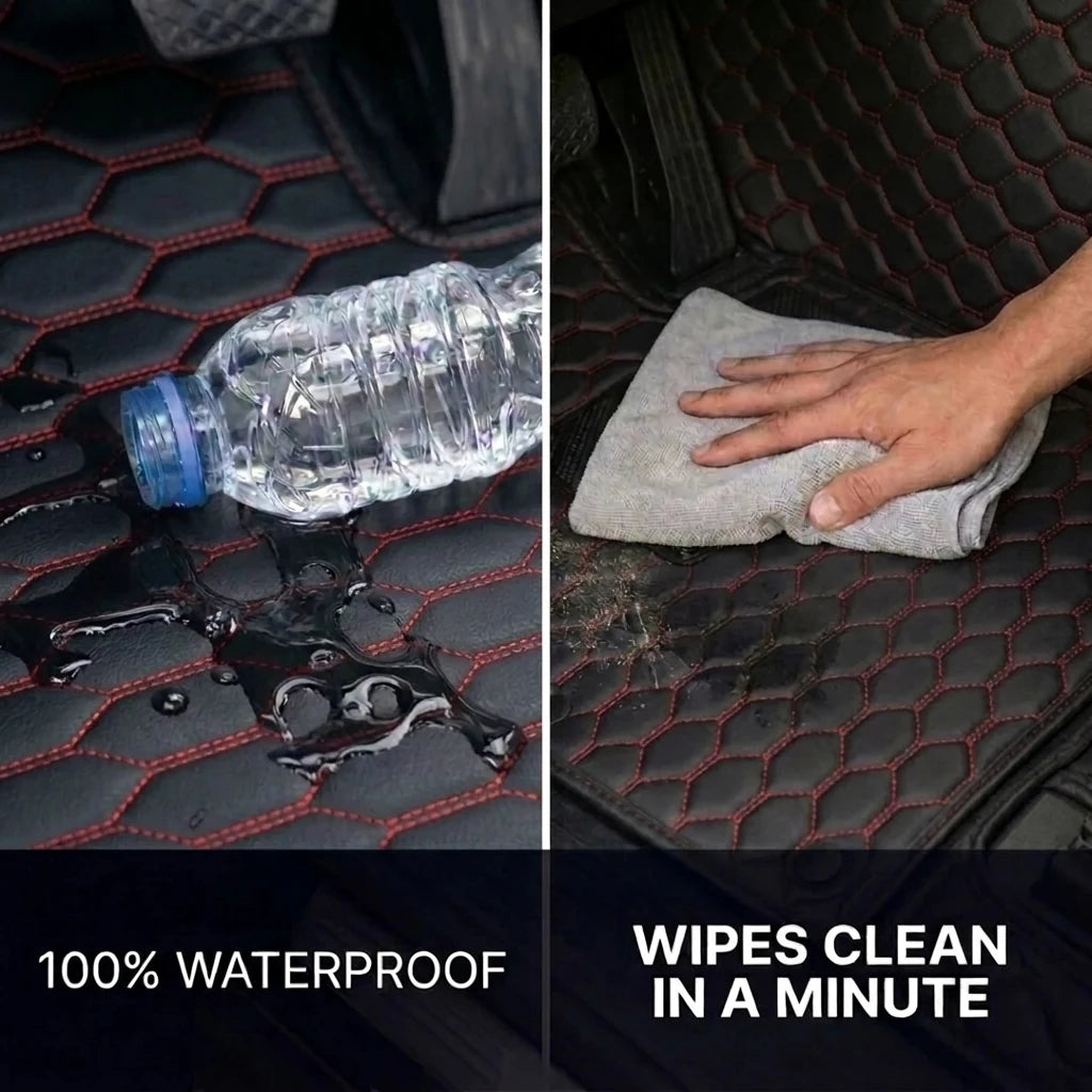 Matrikar Hexa Series car mat in Black with Red Stitching repelling spilled water and wiping clean with a cloth