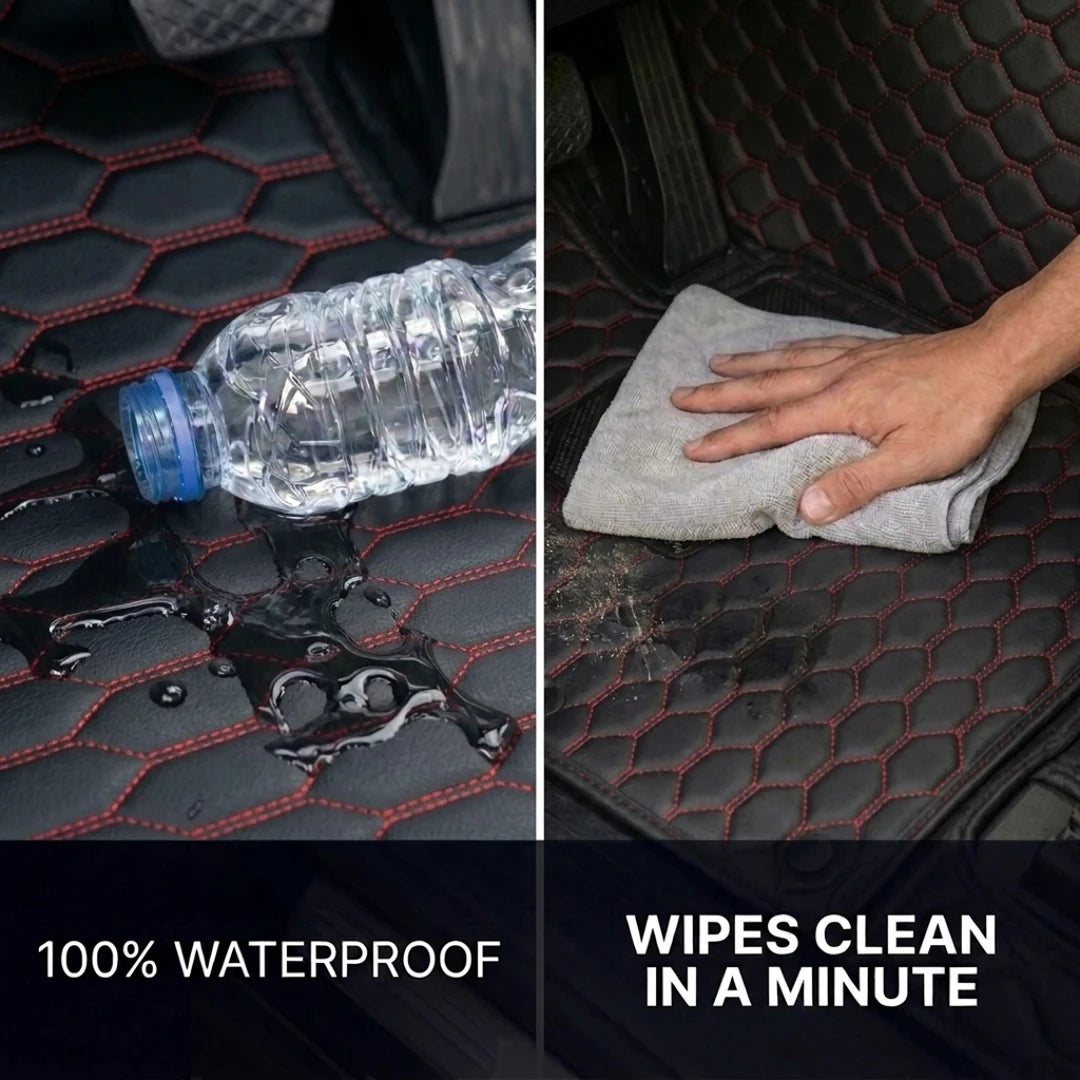 Tapis d'auto sur mesure série Hexa - Surpiqûres noir et rouge