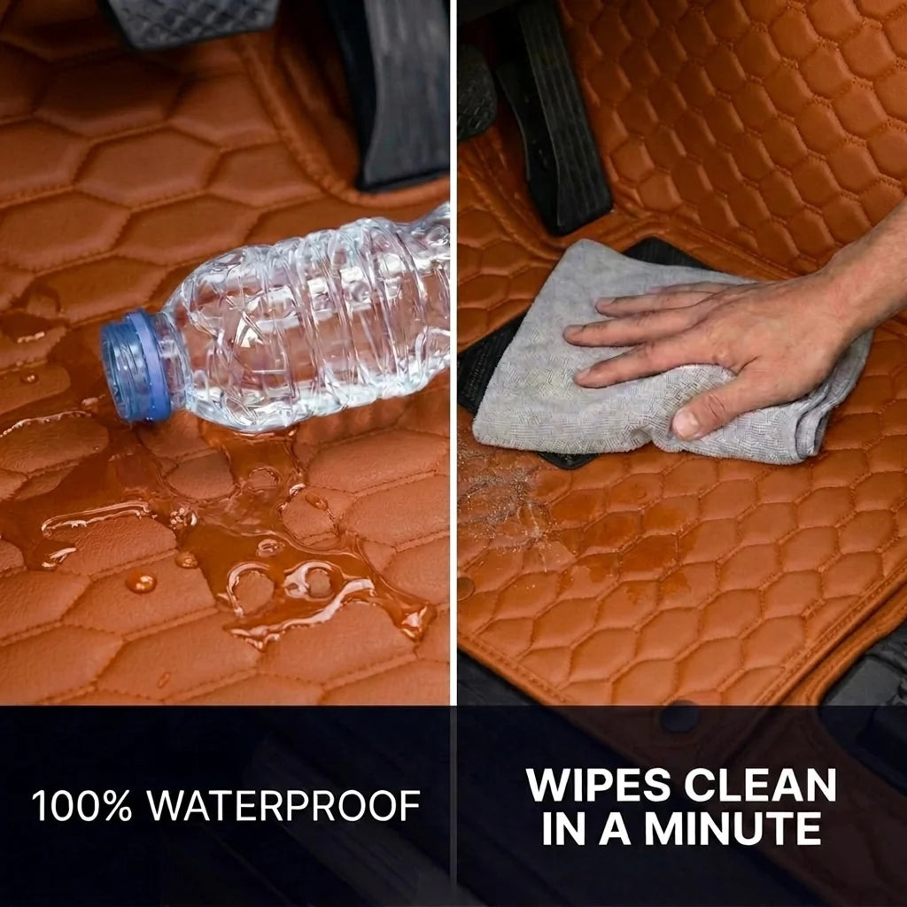 Matrikar Hexa Series car mat in Caramel Brown repelling spilled water and wiping clean with a cloth