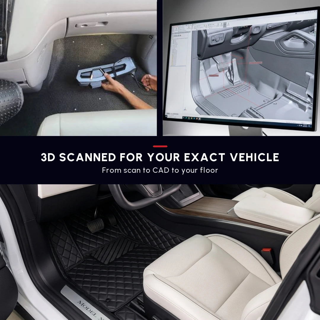Matrikar Diamond Series custom fit car mat in All Black, with the 3D scan and CAD model used to shape it for the exact vehicle