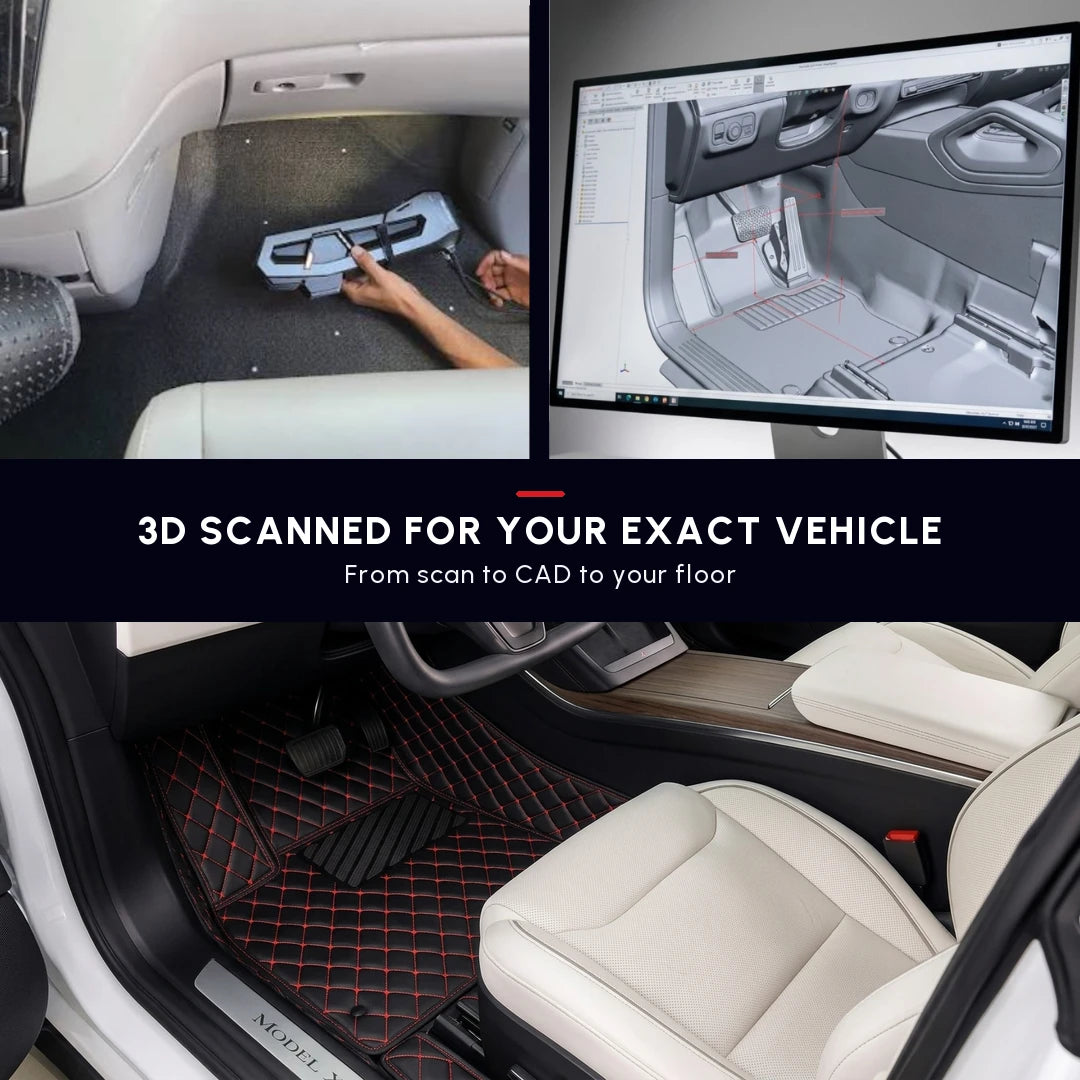 Matrikar Diamond Series custom fit car mat in Black with Red Stitching, with the 3D scan and CAD model used to shape it for the exact vehicle