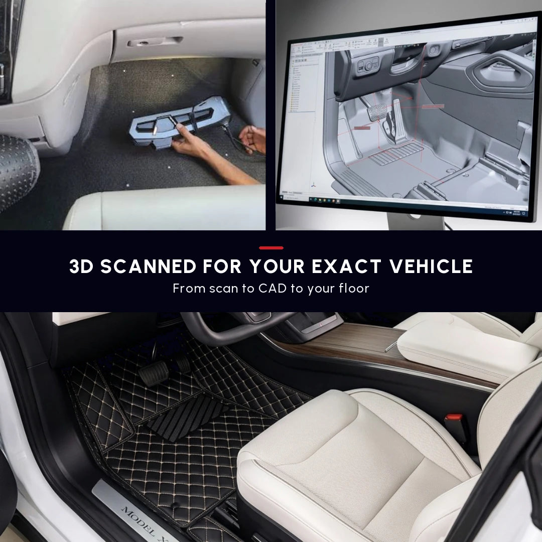 Matrikar Diamond Series custom fit car mat in Black with White Stitching, with the 3D scan and CAD model used to shape it for the exact vehicle