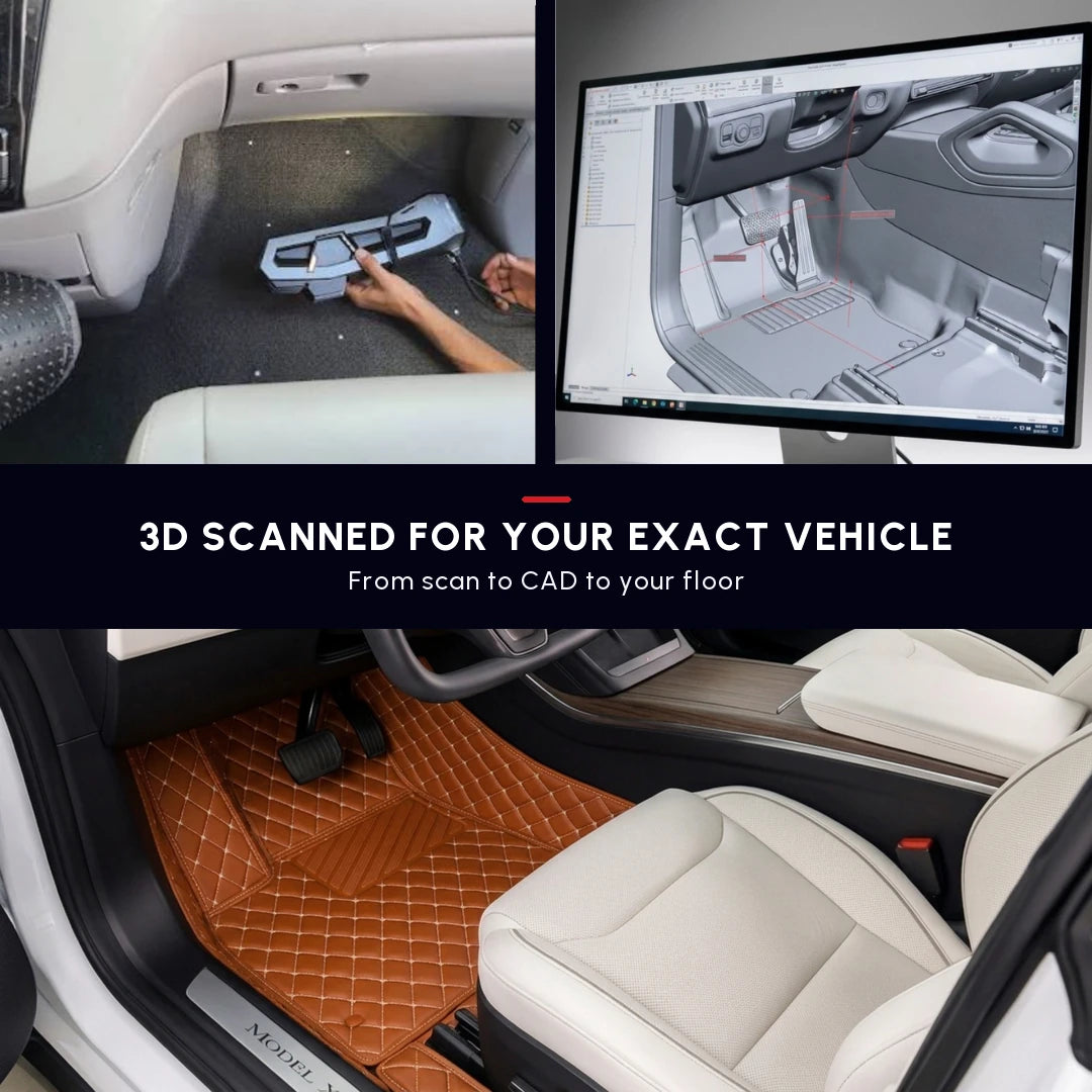 Matrikar Diamond Series custom fit car mat in Caramel Brown, with the 3D scan and CAD model used to shape it for the exact vehicle