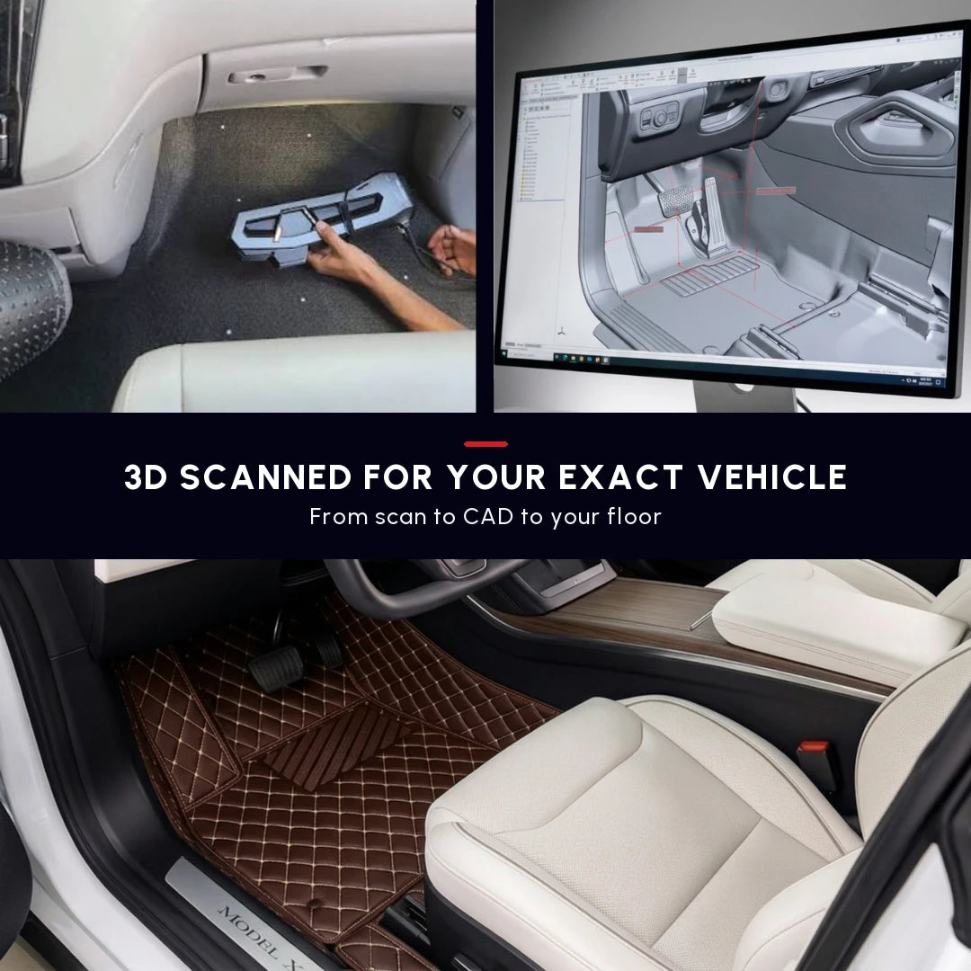 Matrikar Diamond Series custom fit car mat in Chocolate Brown, with the 3D scan and CAD model used to shape it for the exact vehicle