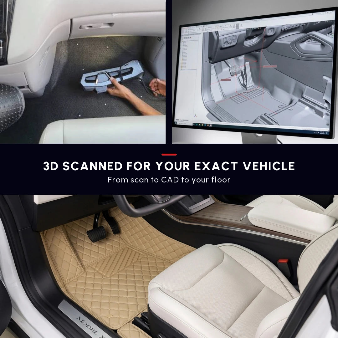 Matrikar Diamond Series custom fit car mat in Cream Beige, with the 3D scan and CAD model used to shape it for the exact vehicle
