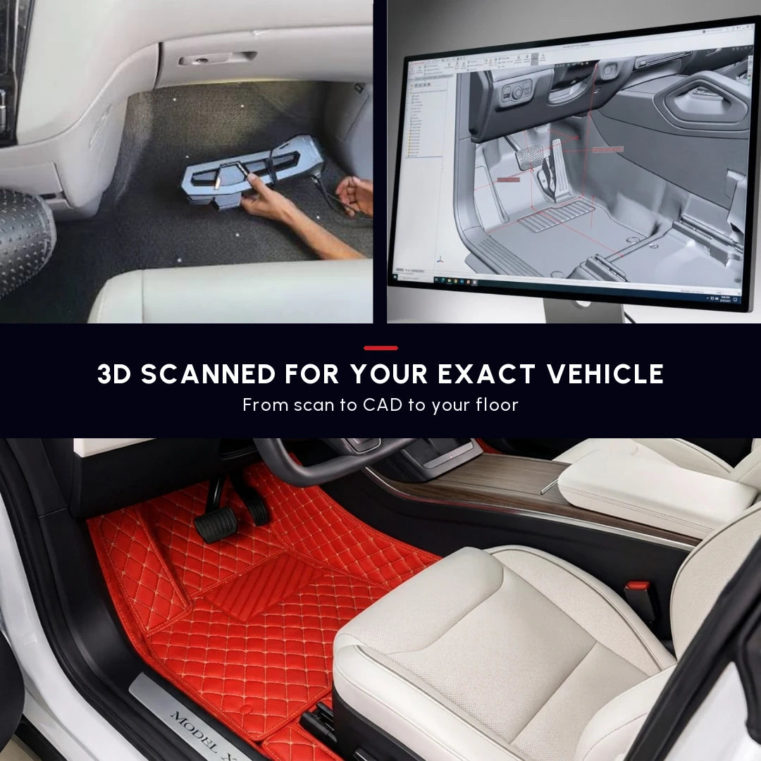 Matrikar Diamond Series custom fit car mat in Ferrari Red, with the 3D scan and CAD model used to shape it for the exact vehicle
