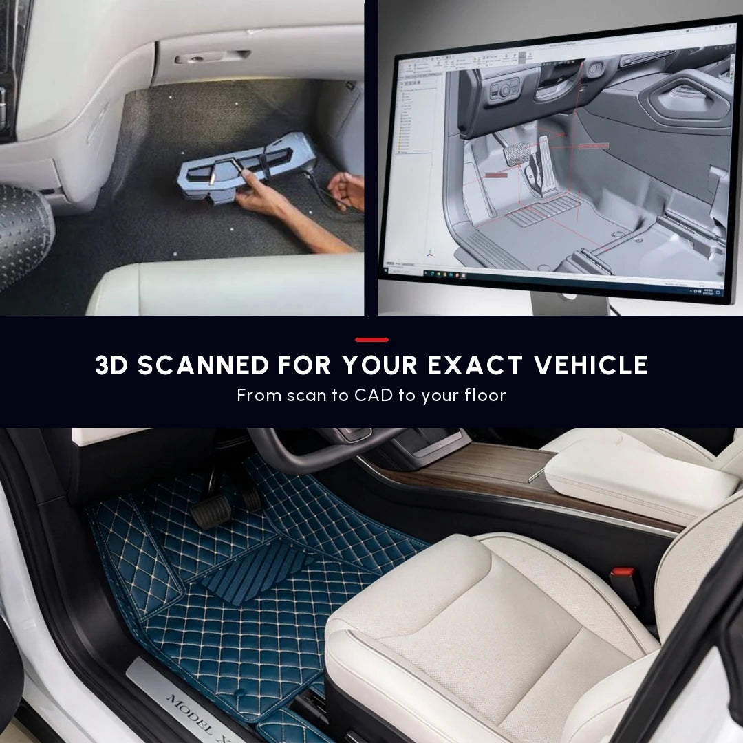 Matrikar Diamond Series custom fit car mat in Vintage Blue, with the 3D scan and CAD model used to shape it for the exact vehicle