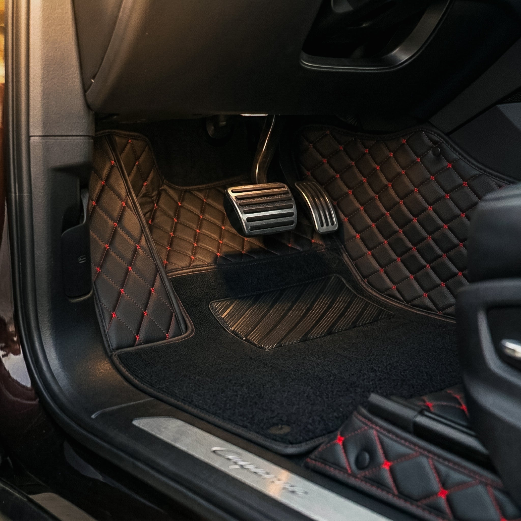 Dual-Layer Series Custom Fit Car Mats - Black & Red Stitching & Black Top Carpet
