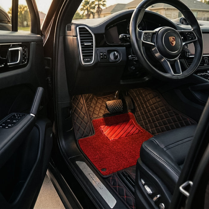 Dual-Layer Series Custom Fit Car Mats - Black & Red Stitching & Red Top Carpet