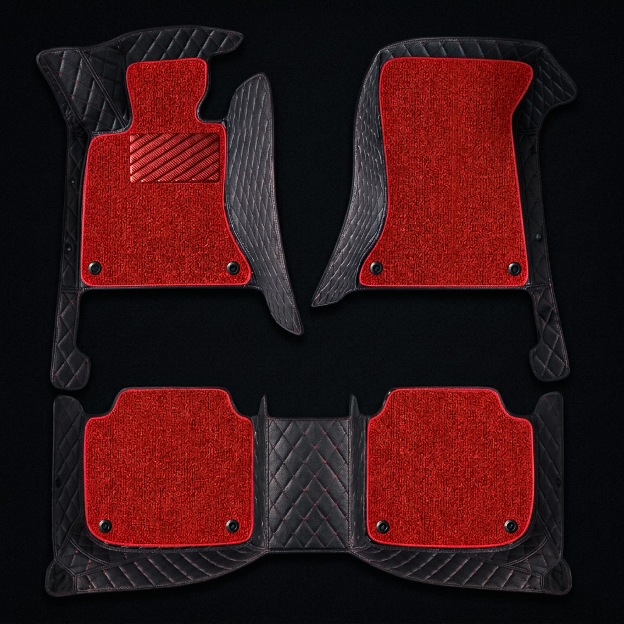 Dual-Layer Series Custom Fit Car Mats - Black & Red Stitching & Red Top Carpet
