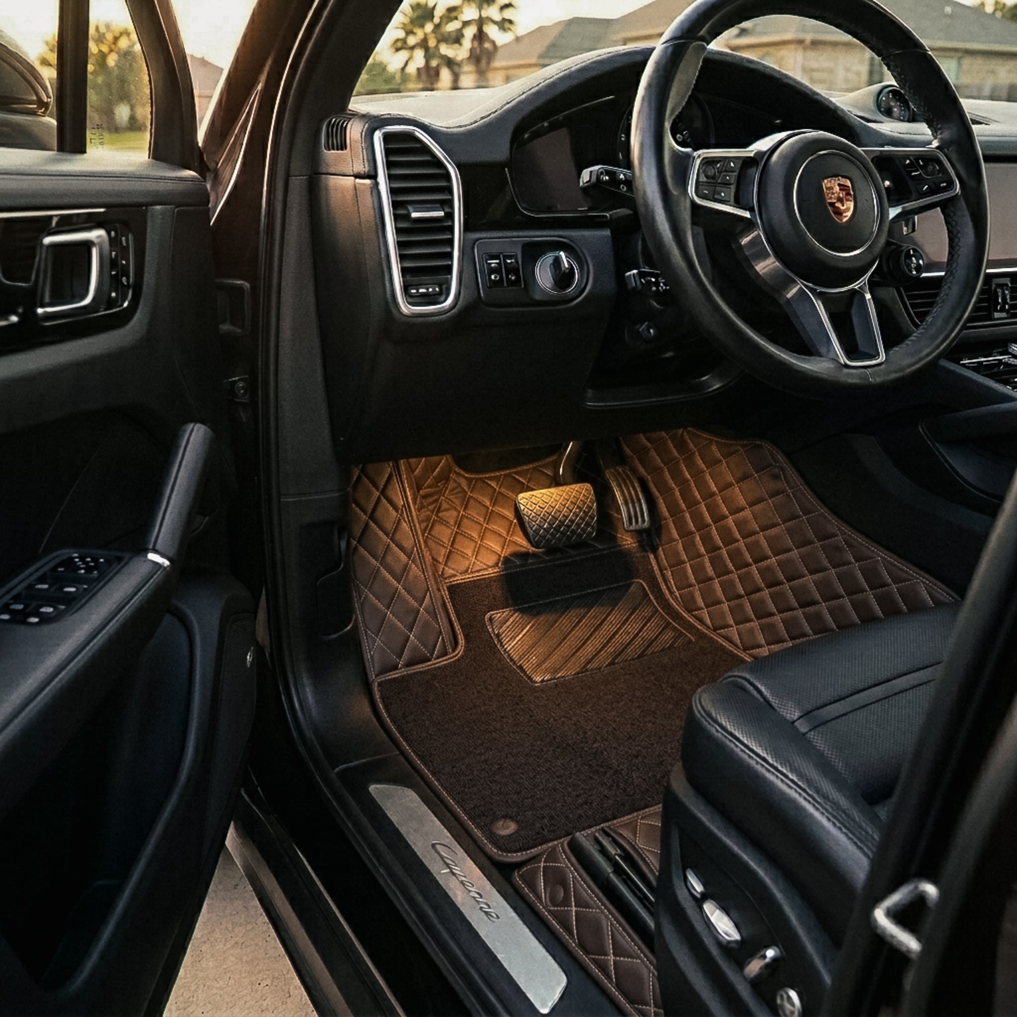Dual-Layer mats in chocolate brown with matching brown carpet top — Matrikar