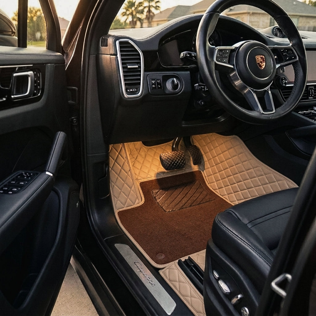 Dual-Layer mats in cream beige with warm brown carpet top — Matrikar