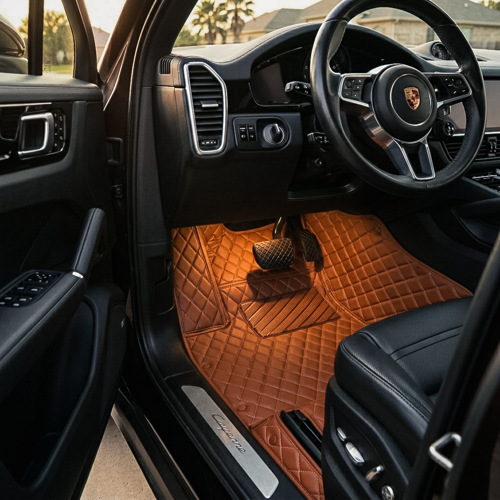 Diamond car mats in caramel brown eco-leather, Matrikar custom-fit