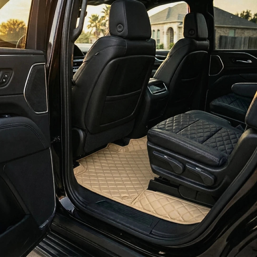 Matrikar Diamond Series custom fit car mats in Cream Beige fitted in the rear row of a Cadillac Escalade