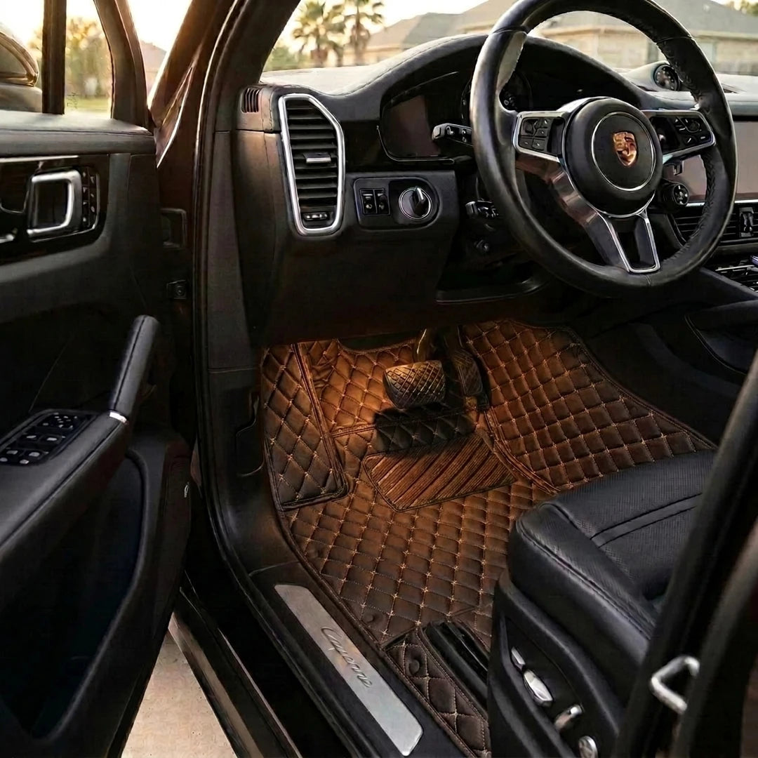 Matrikar Diamond Series custom fit car mats in Chocolate Brown fitted in a Porsche Cayenne driver footwell