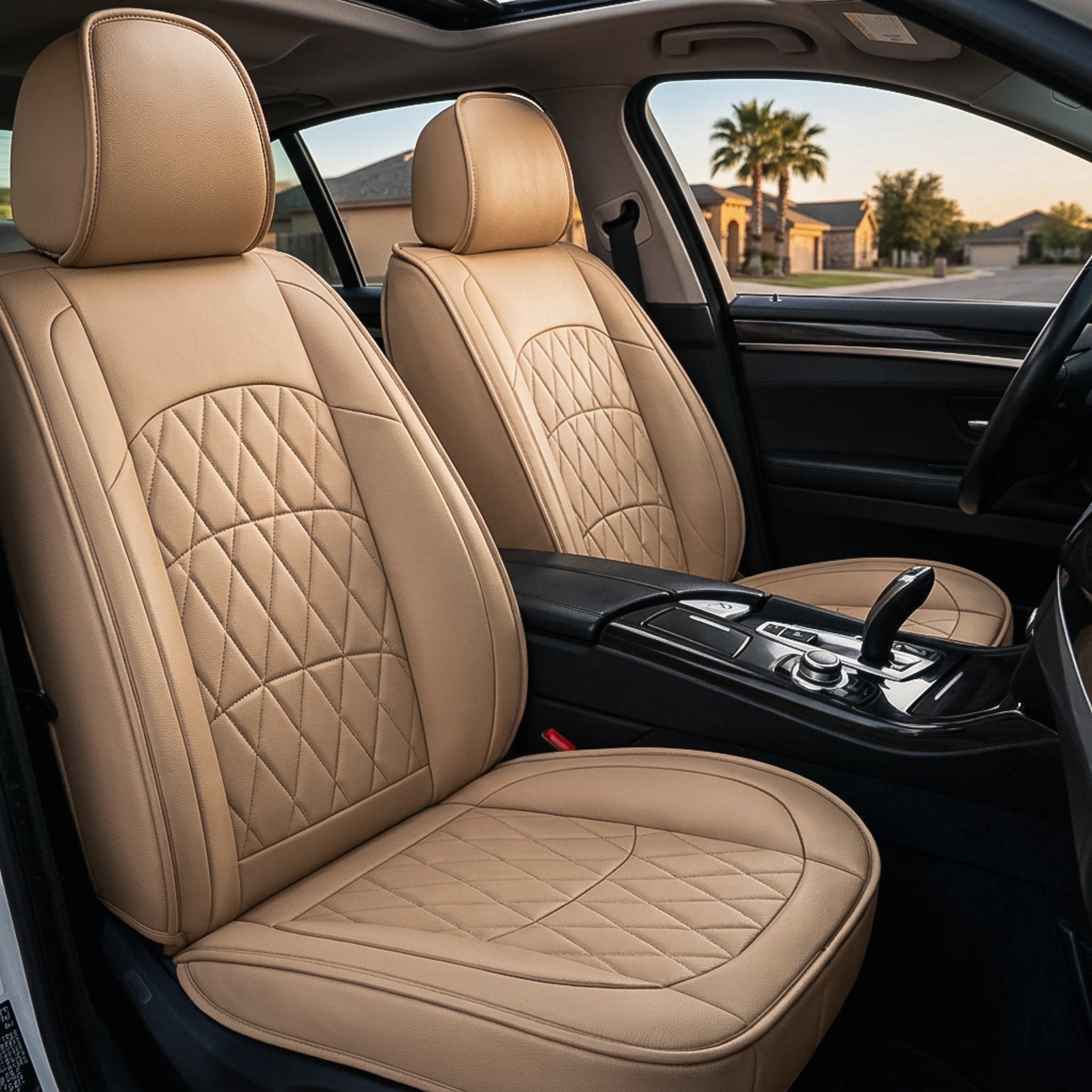 Custom-fit Diamond Luxe seat covers in beige, breakaway side seams by Matrikar