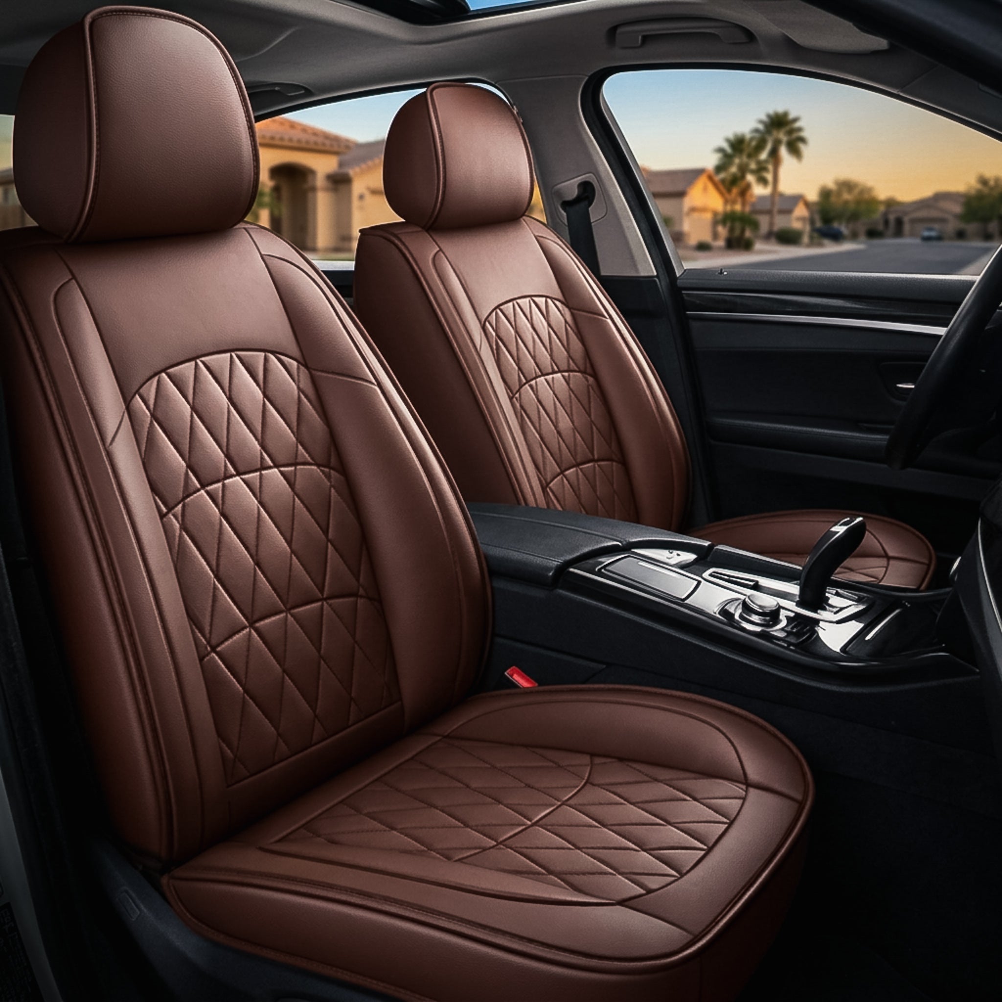 Eco-leather Diamond Luxe seat covers in caramel brown, airbag-rated — Matrikar