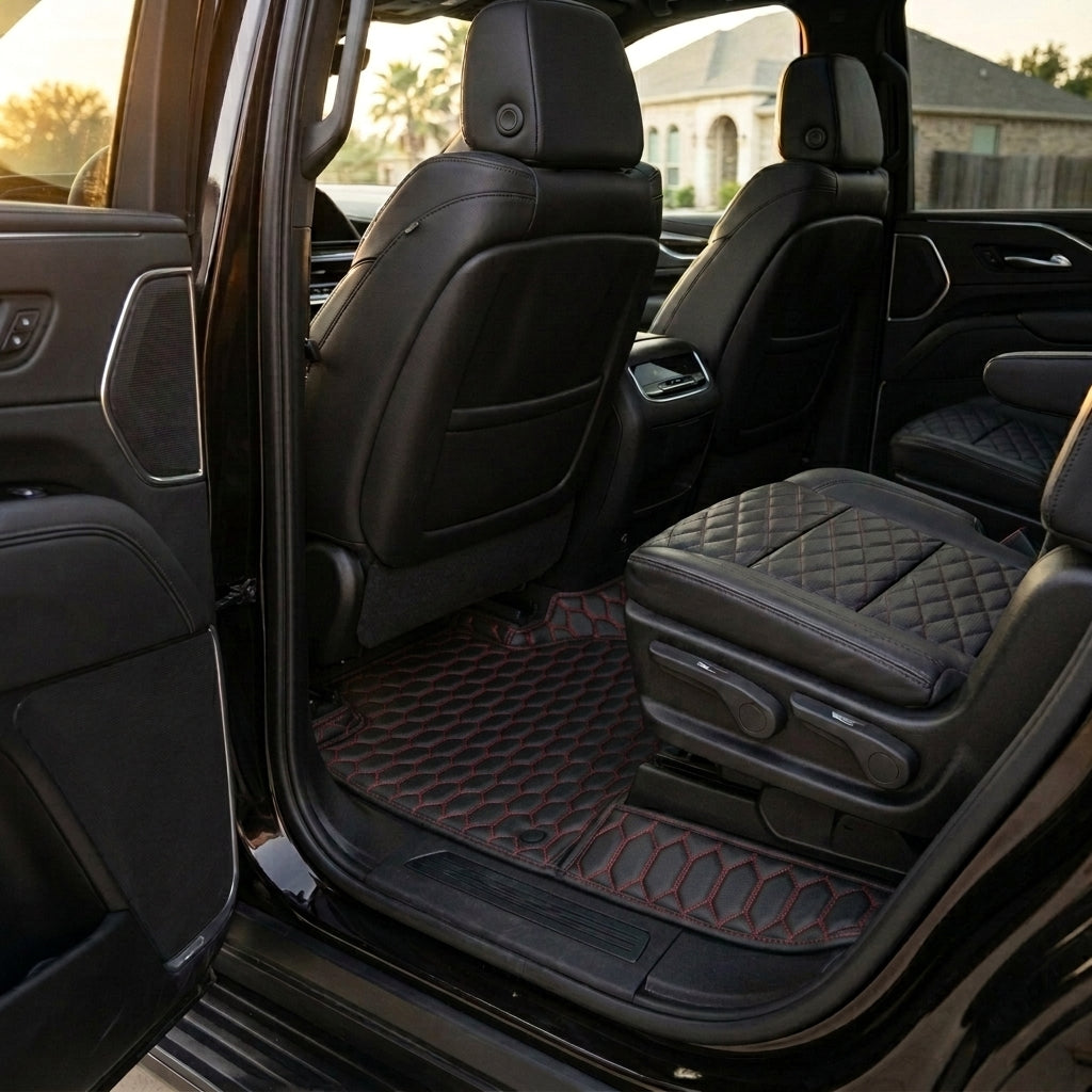 Tapis d'auto sur mesure série Hexa - Surpiqûres noir et rouge