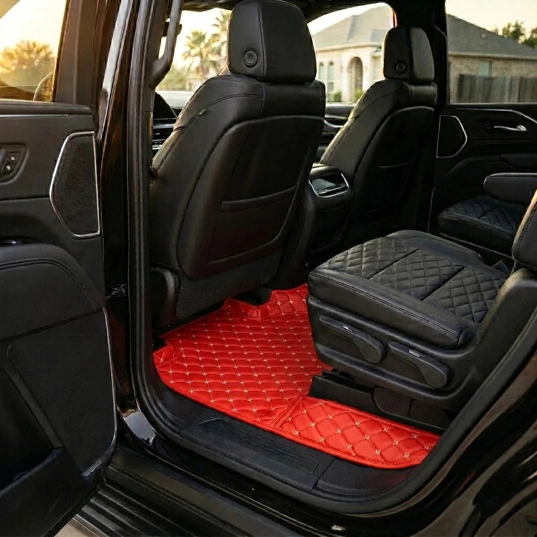 Matrikar Diamond Series custom fit car mats in Ferrari Red fitted in the rear row of a Cadillac Escalade