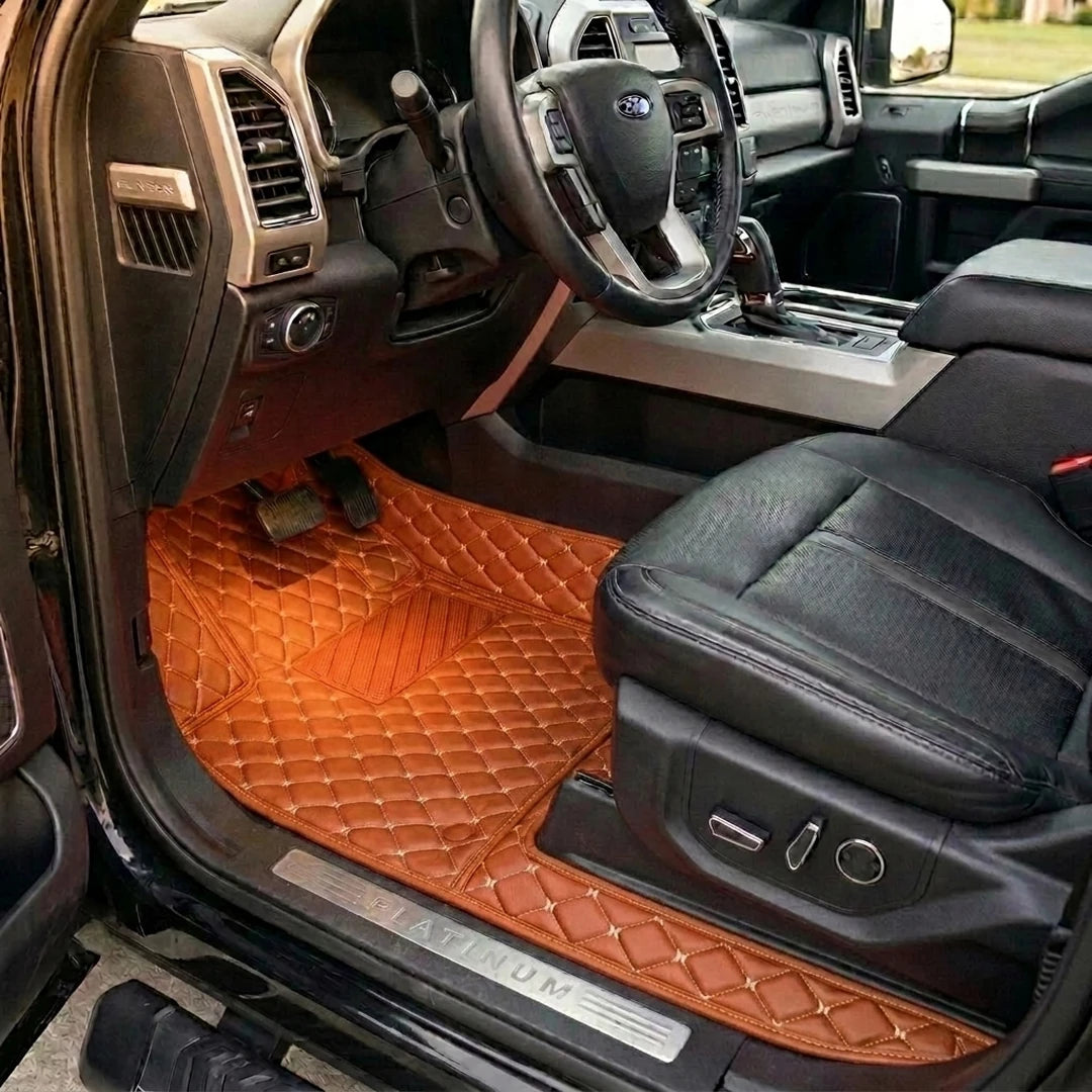 Matrikar Diamond Series custom fit car mats in Caramel Brown fitted in a Ford F-150 Platinum