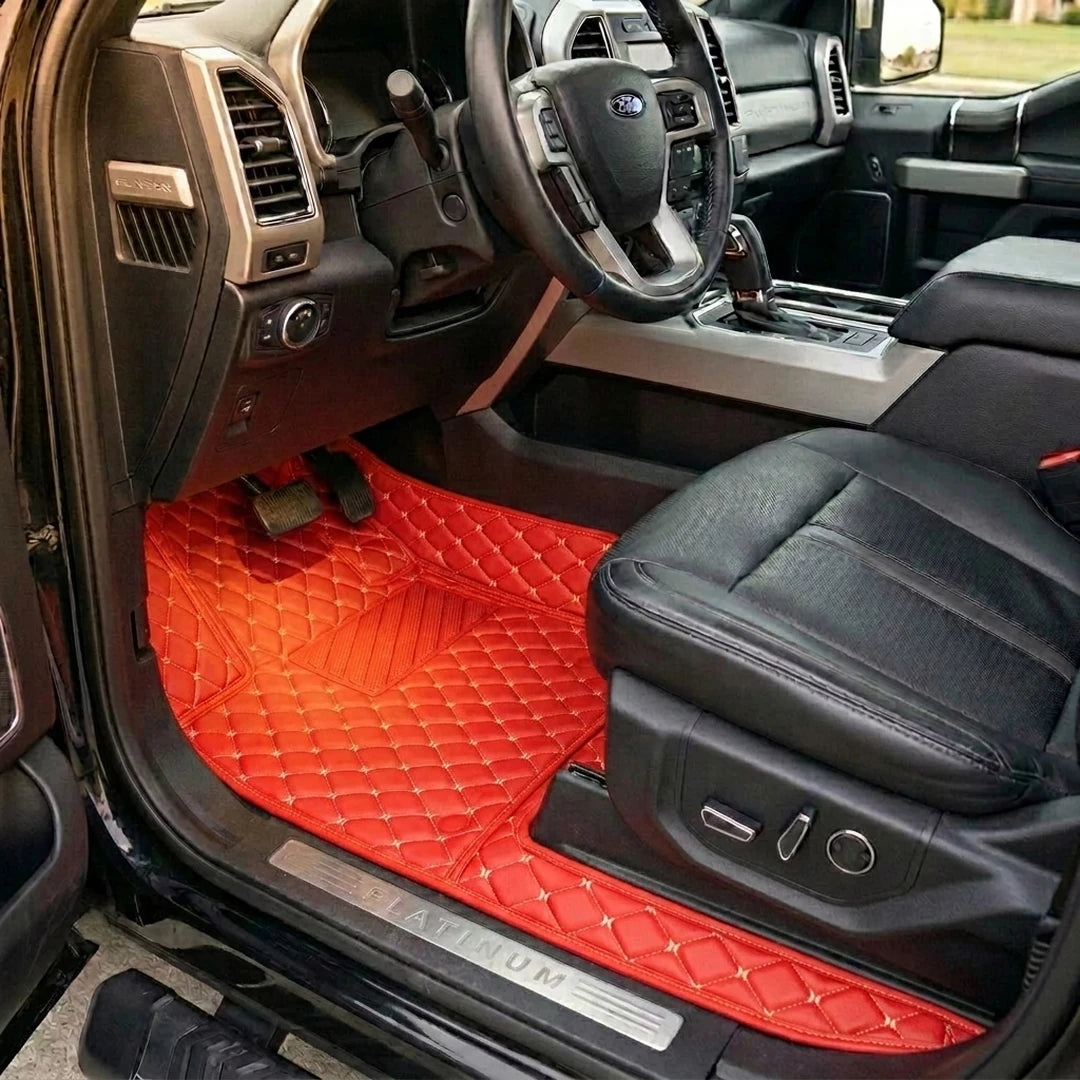 Matrikar Diamond Series custom fit car mats in Ferrari Red fitted in a Ford F-150 Platinum