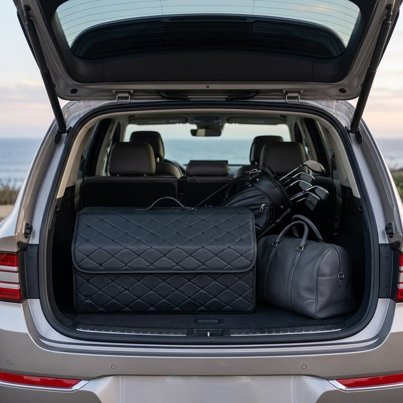 Trunk organizer with its carry handle beside luggage in a cargo area