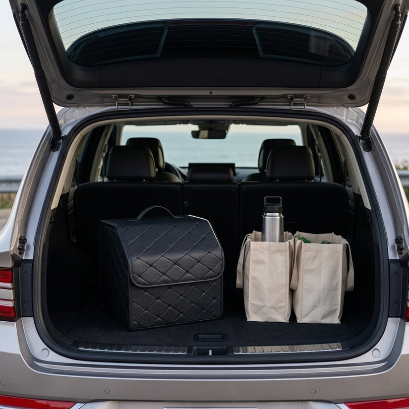 Trunk organizer standing upright in an SUV cargo area