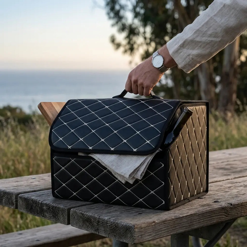 Organizer carried by handles toward kitchen