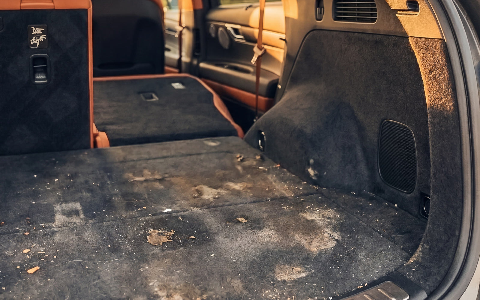 Bare, stained factory trunk carpet before the Matrikar mat