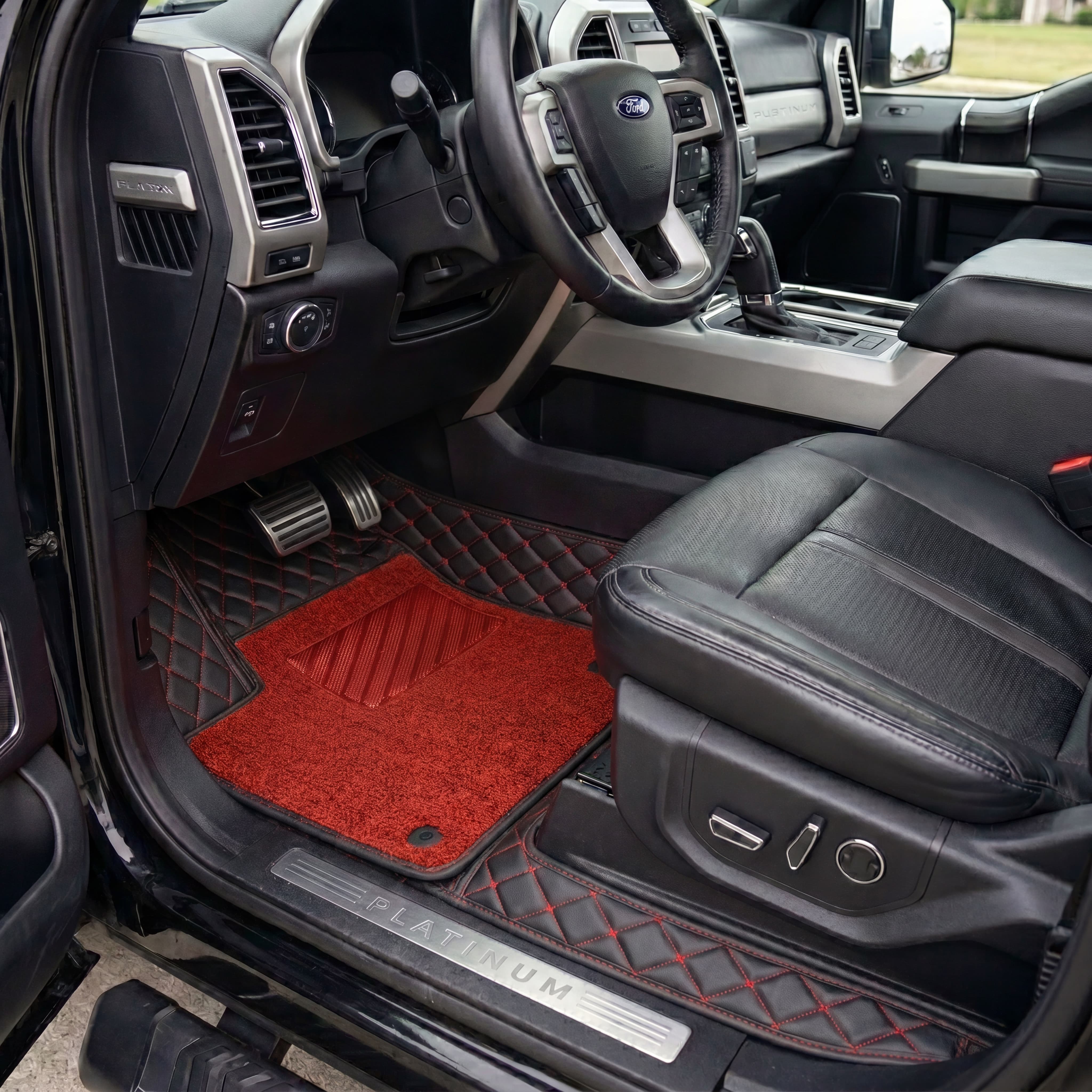 Dual-Layer Series Custom Fit Car Mats - Black & Red Stitching & Red Top Carpet
