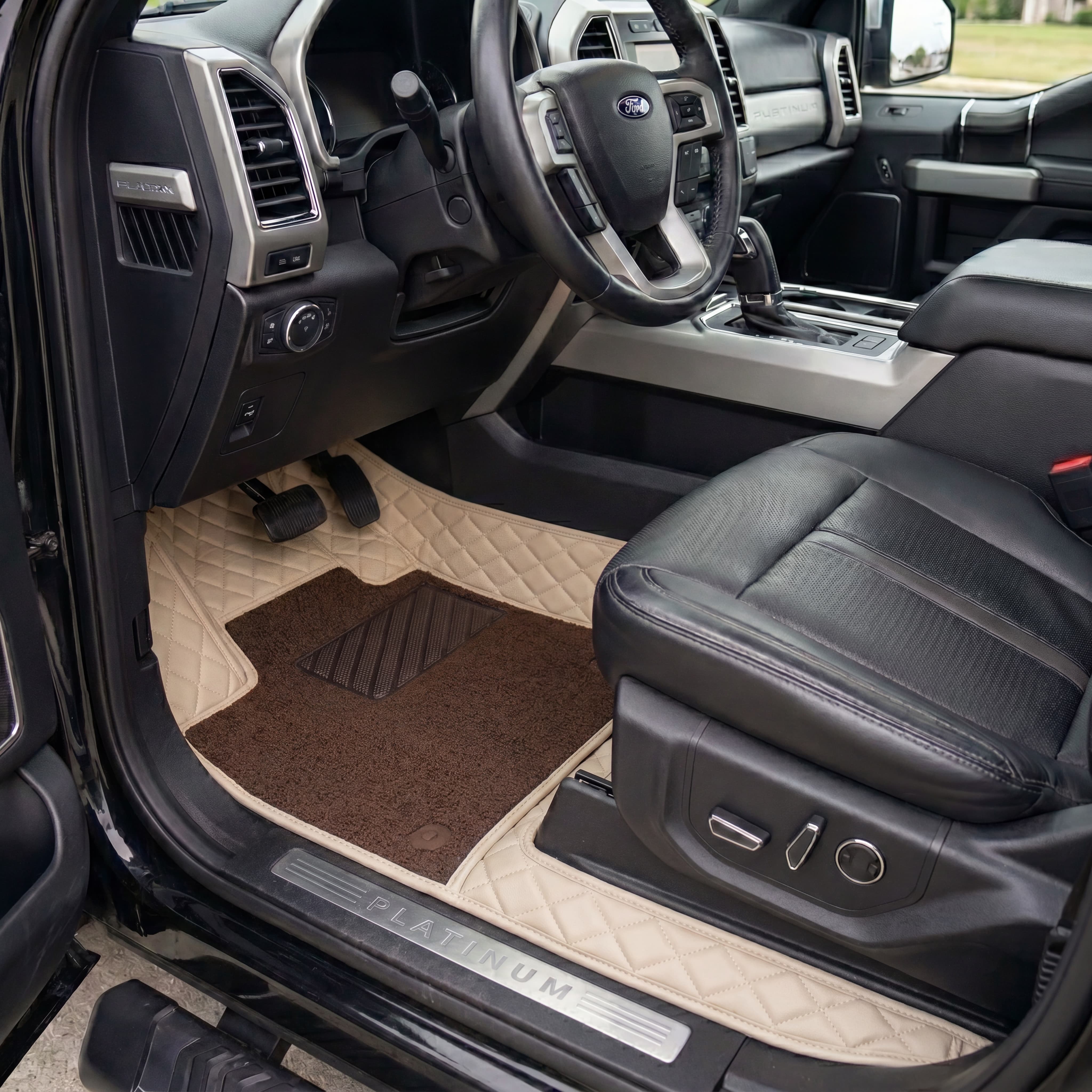 Dual-Layer Series Custom Fit Car Mats - Cream Beige & Brown Top Carpet