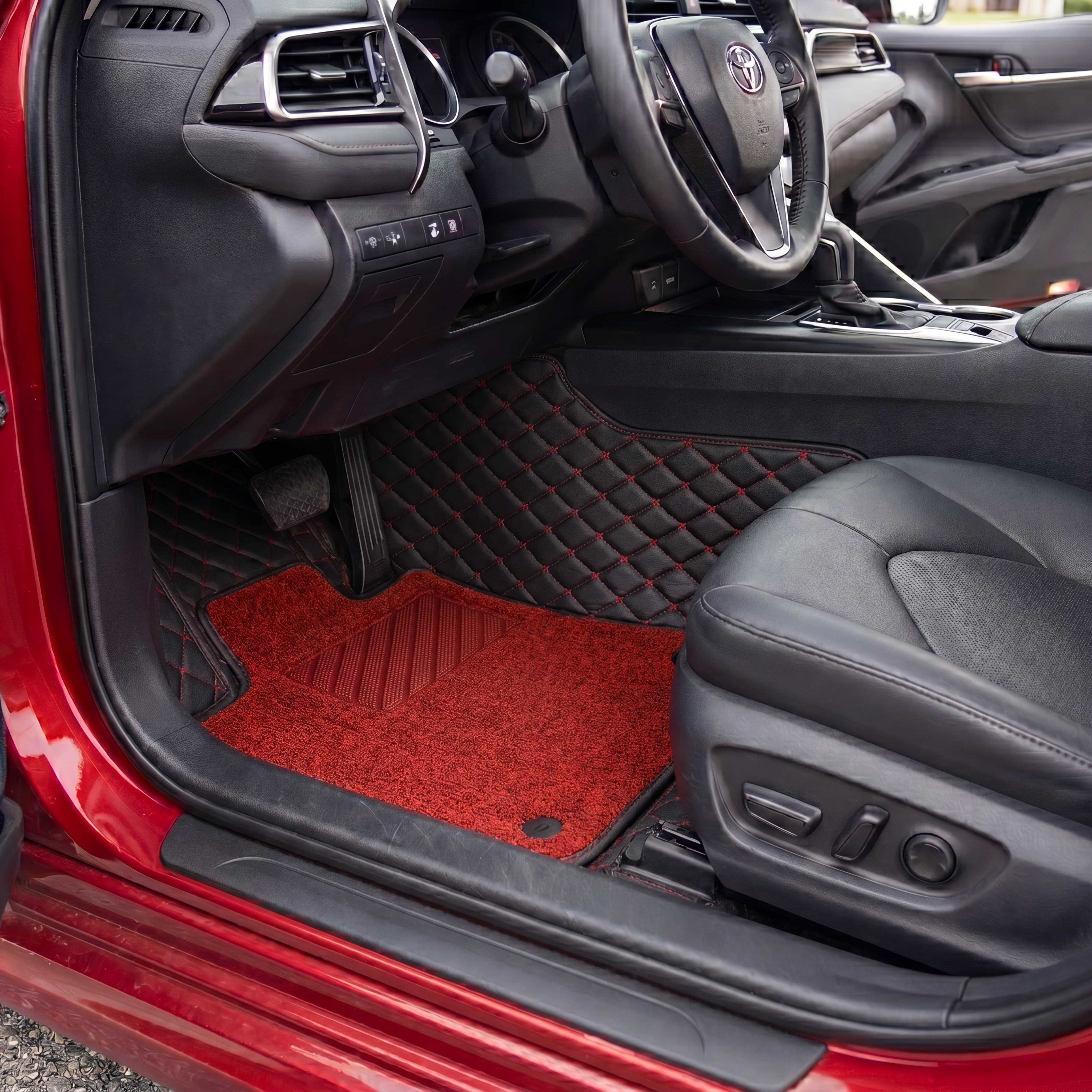 Dual-Layer Series Custom Fit Car Mats - Black & Red Stitching & Red Top Carpet
