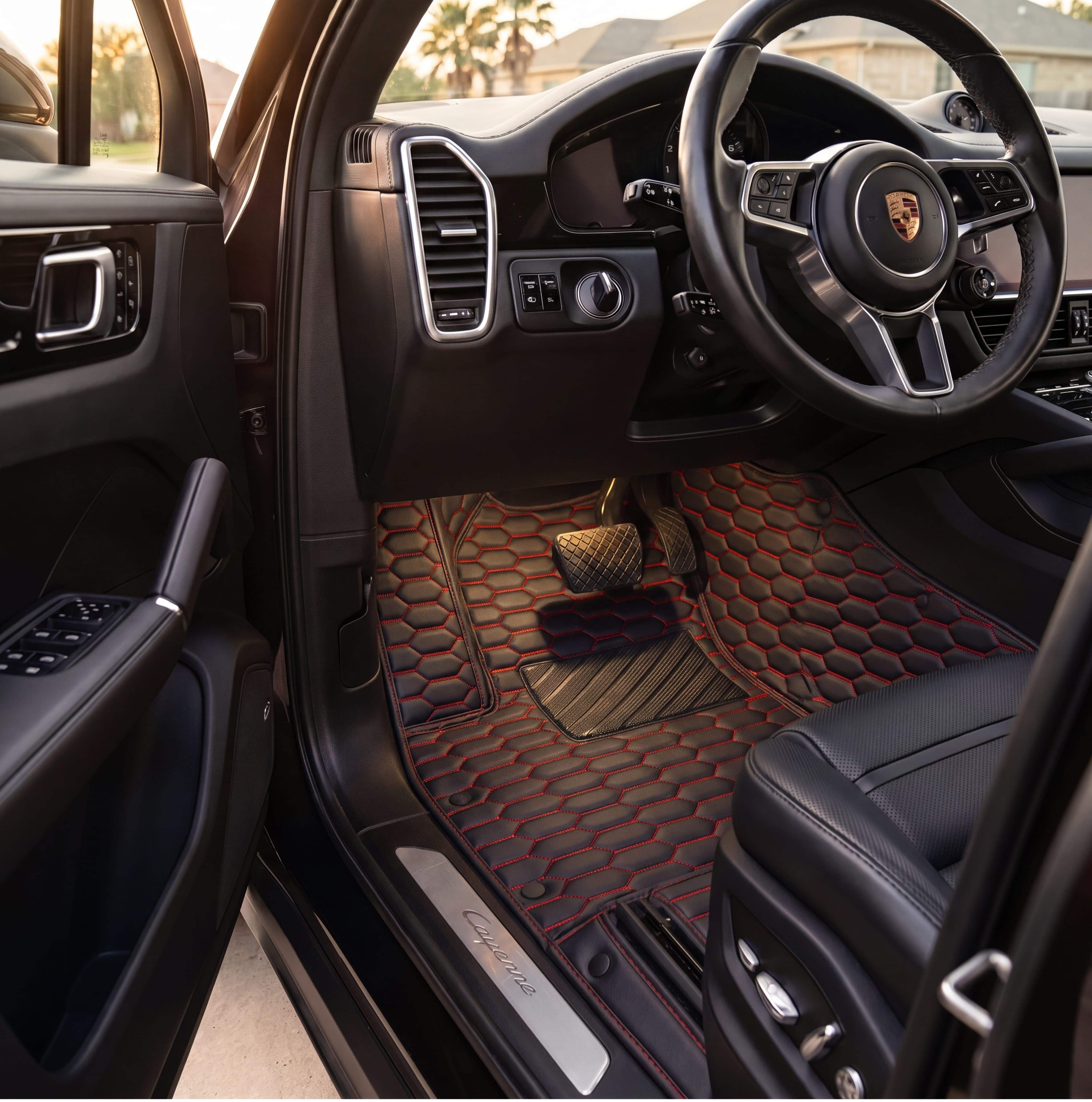 Hexa Series Custom Fit Car Mats - Black & Red Stitching