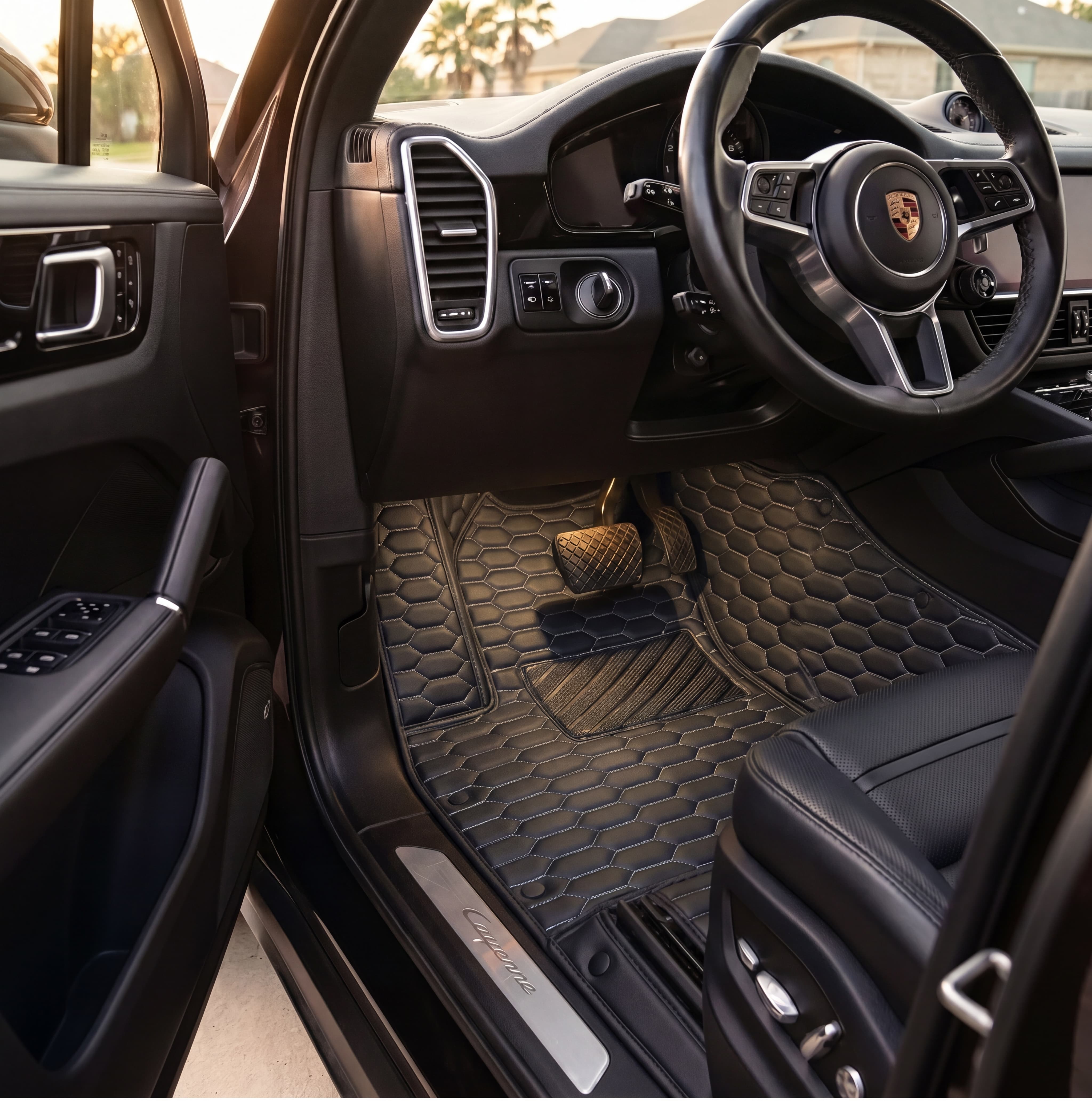Hexa Series Custom Fit Car Mats - Black & White Stitching