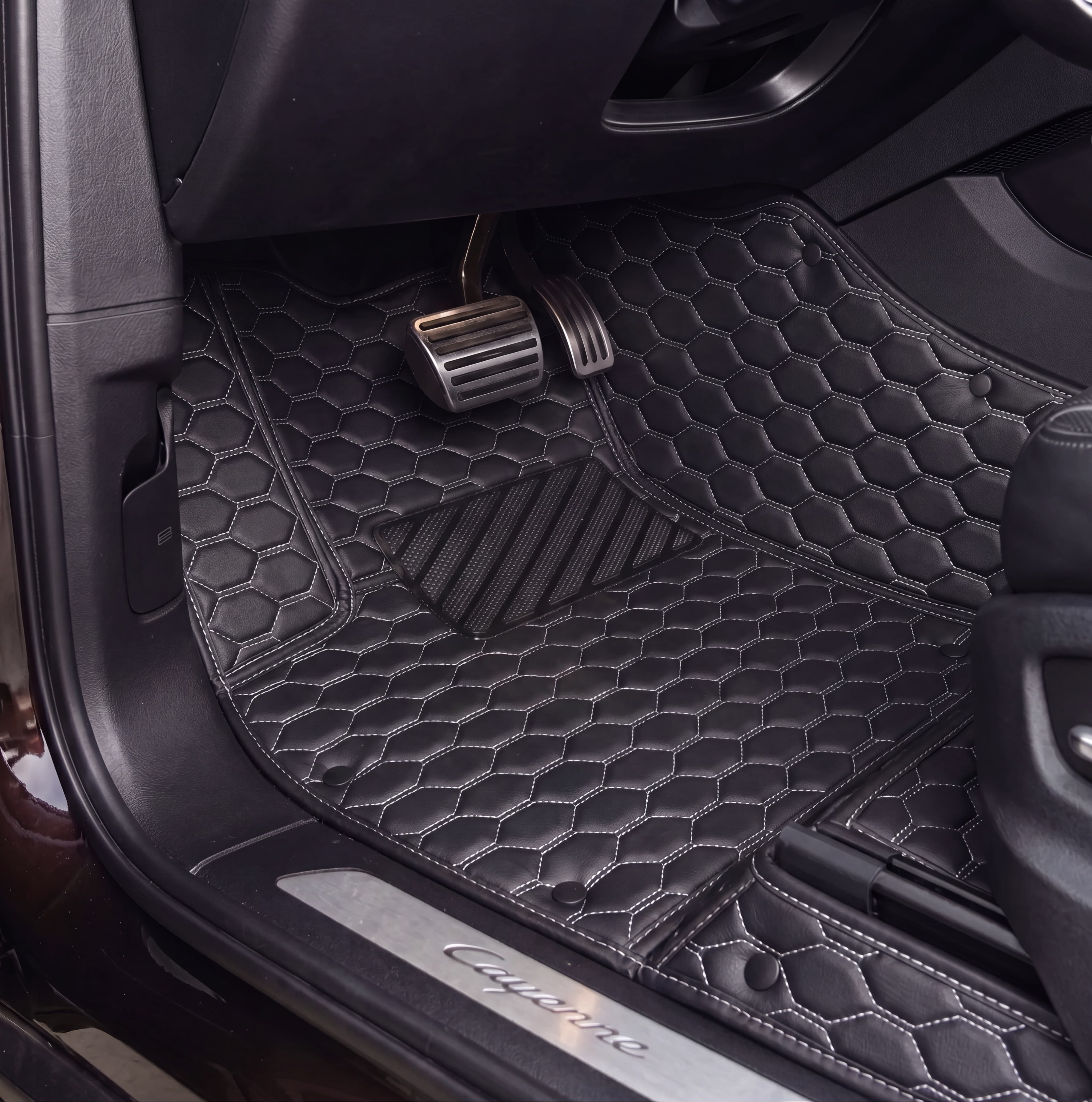 Hexa Series Custom Fit Car Mats - Black & White Stitching
